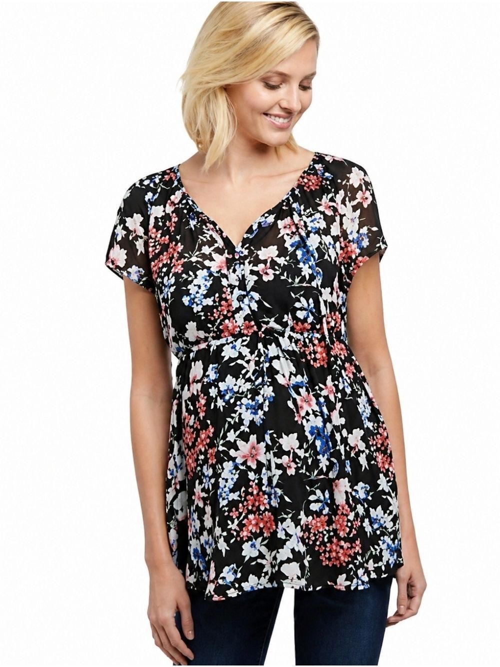 Motherhood Maternity Floral Short Sleeve V Neck Maternity Top with Built in Cami